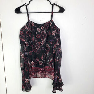 A Byer Top Womens M Sheer Bell Sleeve Cold Shoulder Dark Florals Witchy Goth